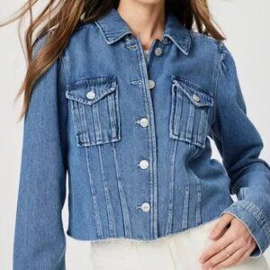 Paige Pacey Cropped Denim Jacket Womens S Blue Raw Hem Boxy Relaxed Streetstyle